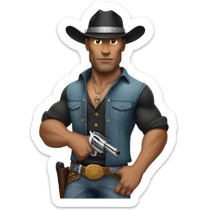 The Rock is wearing a cowboy hat and holding revolver sticker