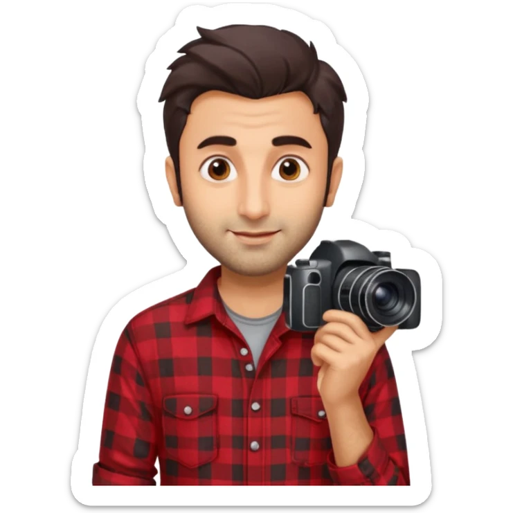 generate a pretty bratz emoji 
Make her look like Ranbir kapoor wearing a red flannel shirt, smirking and carrying a camera

he should look exactly  like ranbir kapoor!  sticker