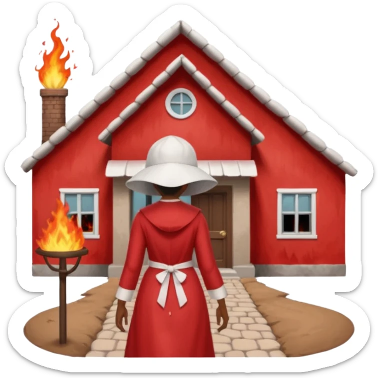 handmaids tale style woman burning house down walking away from house. shes wearing the nun hands maid tale hat cant see her face with brown hair shes wearing the red handmaids tale costume with white bonnet sticker