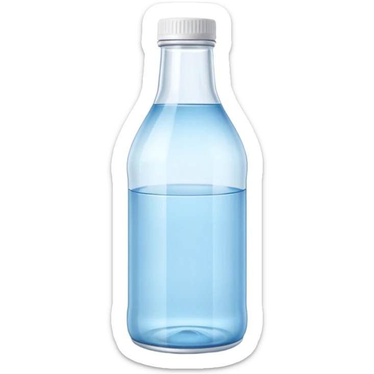 apple style emoji glass bottle of still water upright transparent or light blue hue white cap no bubbles minimal blank label 3D clean soft shadows no anthropomorphic elements no accessories transparent background emoji scale sticker