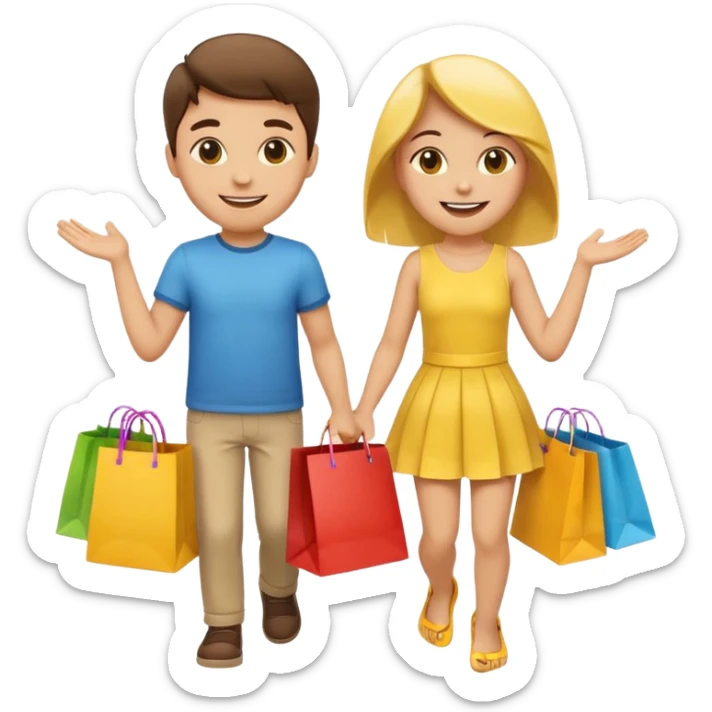 HAPPY SMILEY FACE EMOJI BOY AND GIRL WITH HANDS AND FEET WITH SHOPPING BAGS IN EACH HAND sticker