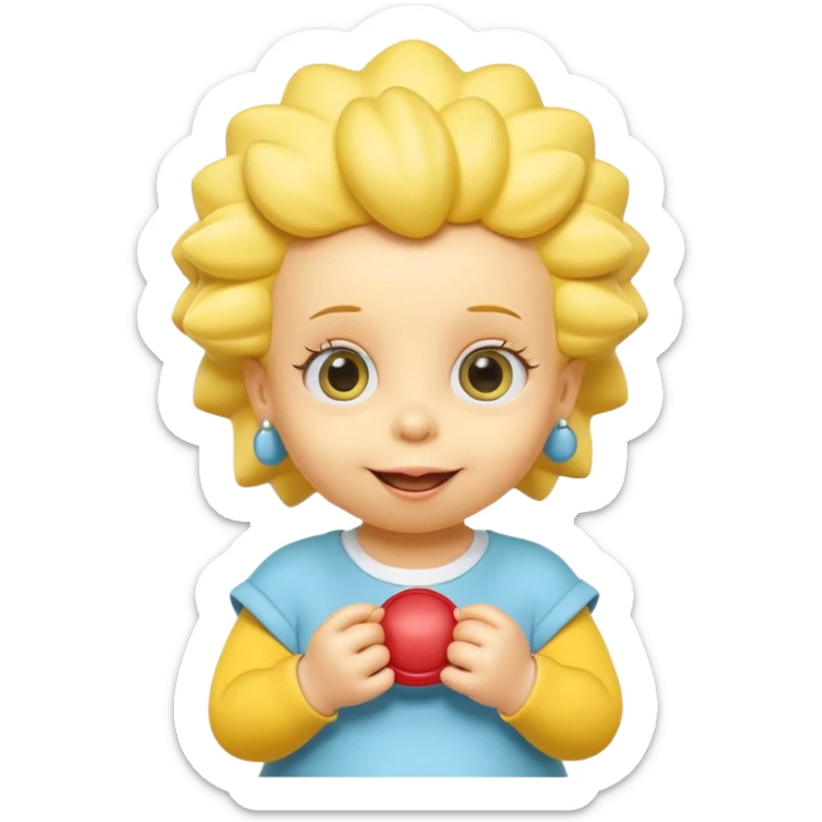 A 3D cartoon baby character fully yellow skin, styled like Maggie Simpson, with pacifier, big eyes, smooth shading, Memoji-style rendering, consistent with other yellow Simpsons characters. sticker