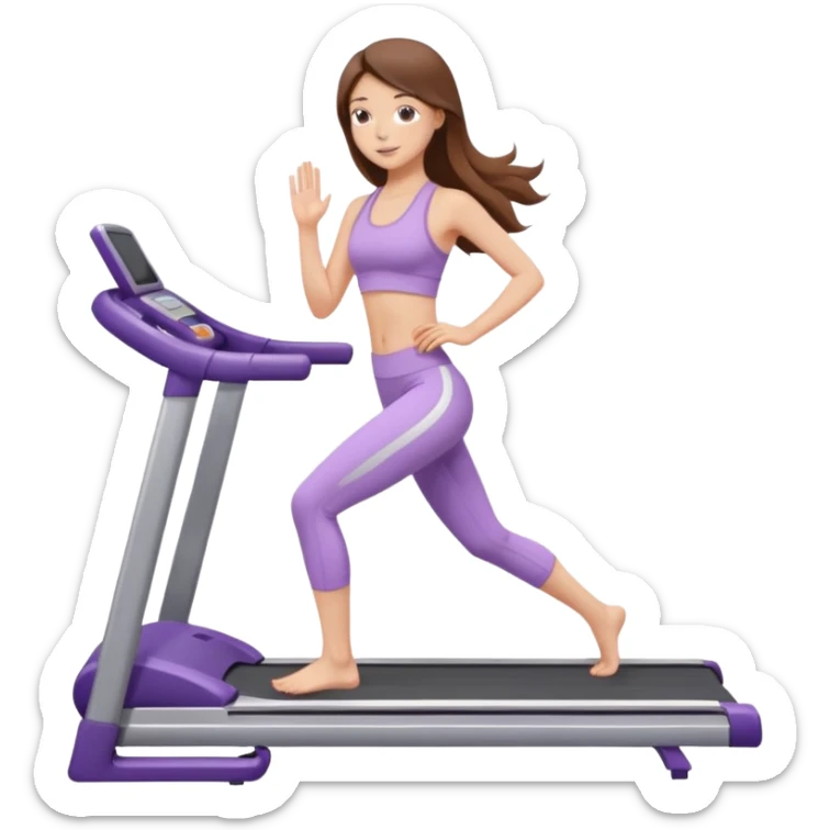 girl with long brown hair on treadmill wearing light purple yoga set sticker