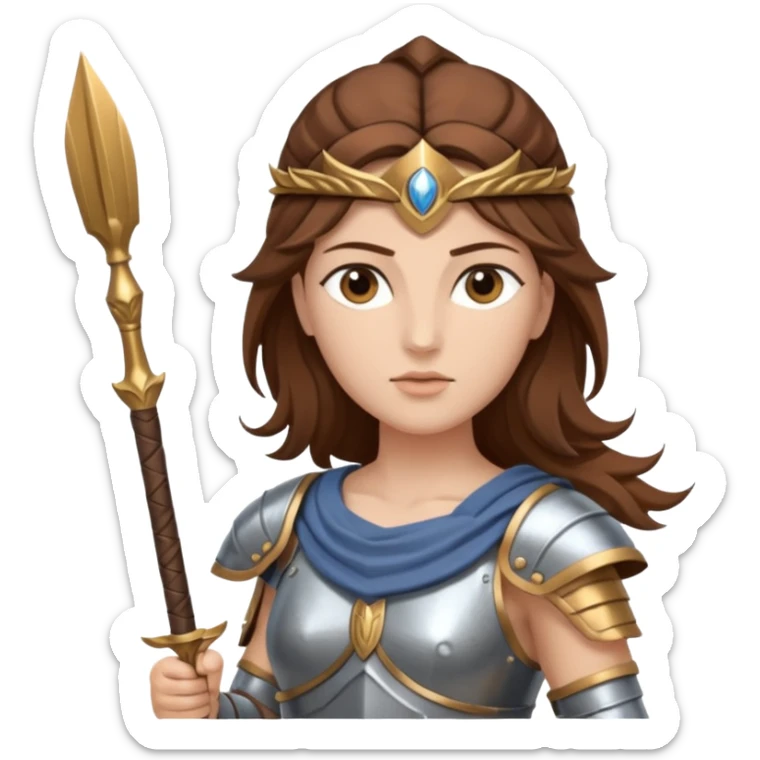 brown haired Athena the Greek goddess of disciplined, strategic warfare, calm, commanding figure leading with intelligence not force. wears light armour carries a spear, symbolising protection precise judgement. strategy, not aggression, embodying clarity, foresight and decisive action. sticker