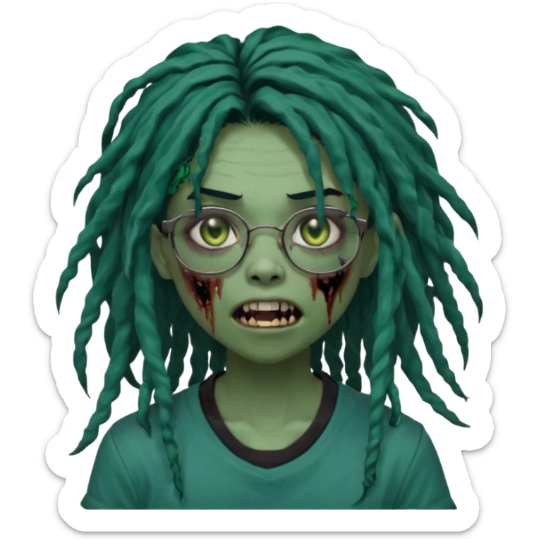 One girl greenskinned, zombie with glasses, with ombre black roots, dark teal long locks & side bang of her locs that fall over slightly covering the right eye, a sinister expression w/ the mouth open, teeth showing, and the jaw uneven. with a small wound near its mouth, her locks curly, black shirt sticker