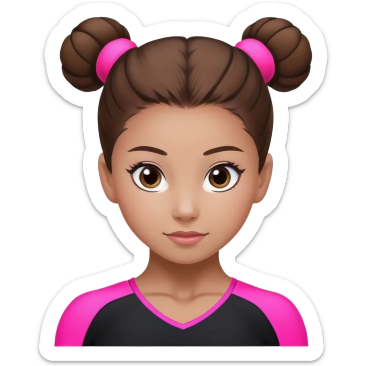 A female gymnast with brown hair in a neat bun, wearing a black uniform with neon pink elements. sticker