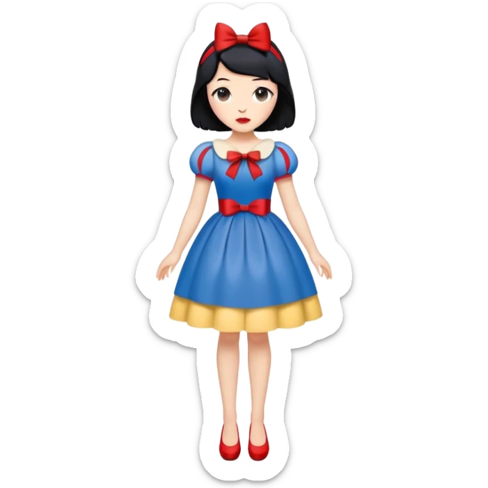 full body Snow White with blue and yellow dress, short black hair with red bow, minimal style sticker