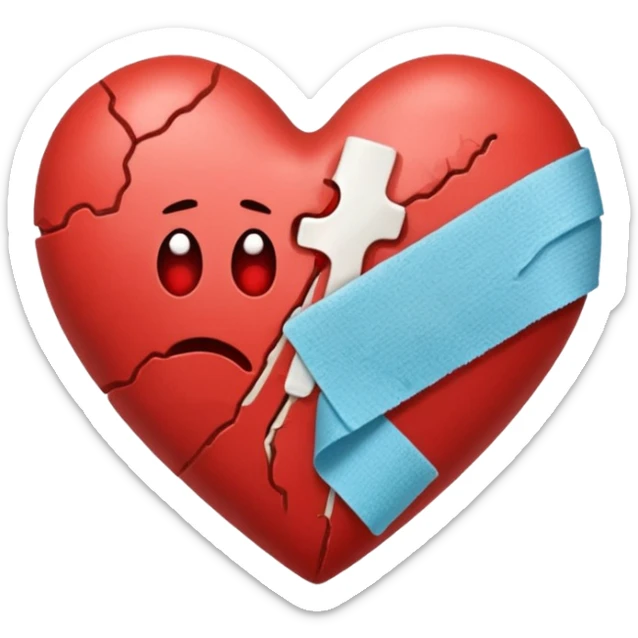 Un corazón roto con grietas  sangrando y expulsando sangre rodeado de vendas y tiritas que se despegan sin hacer efecto sticker
