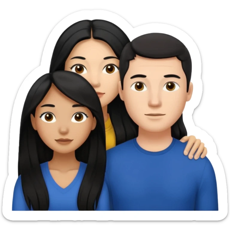 Mixed race couple, white male with mixed female (asian & black)
the female is more asian than she is black, she has long hair and very tanned skin, and black eyes
The male is french, he has thick luscious hair sticker