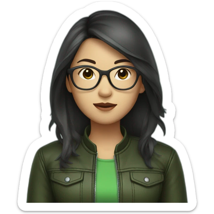 asian girl with glasses and a leather jacket with a green shirt and long dark hair sticker