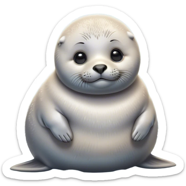Cinematic Noble Baby Seal Portrait Emoji, Poised and endearing, with a round, plump body of soft, glistening fur, large, soulful eyes and a delicate, slightly rounded head accented by chubby cheeks, Simplified yet sharp and sophisticated features, highly detailed, glowing with a gentle, polar mist glow, high shine, intelligent and watchful, stylized with an air of arctic charm, focused and gentle, soft glowing outline, capturing the essence of a watchful and confident baby seal that appears ready to pop out of the screen with playful grace! sticker