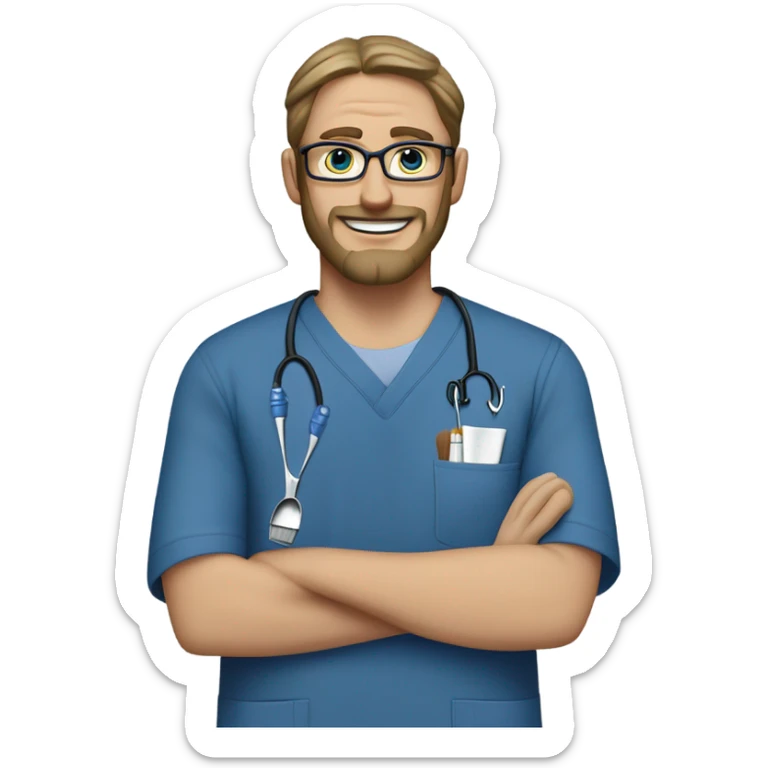 male dark blond with goatee beard doctor with hazel eyes and wire rim glasses in dark blue scrubs holding a paintbrush and a jigsaw  sticker