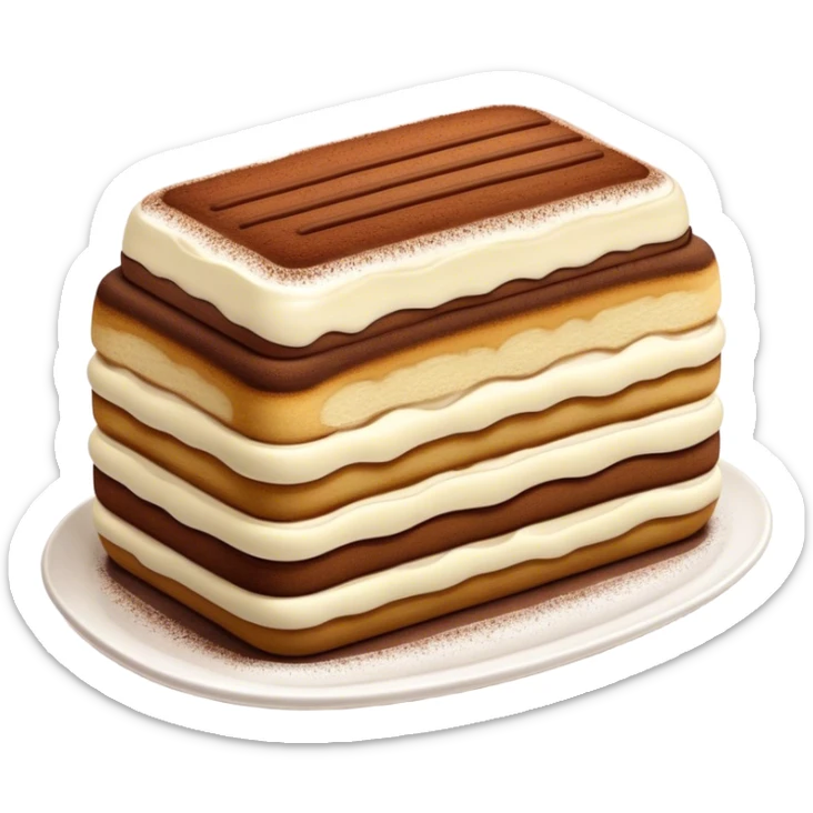Cinematic Realistic Tiramisu Dessert Emoji, featuring layers of coffee‚Äêsoaked ladyfingers and mascarpone cream dusted with cocoa rendered with delicate textures and warm, inviting lighting. sticker