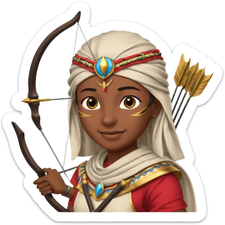 Emoji portrait of an Egyptian archer. Headcloth, bow and arrow, focused expression. sticker