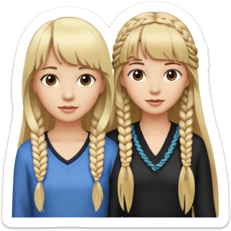 Woman very long flowing blonde hair With BANGS standing next to woman DARK BROWN HAIR with BANGS ONE BRAID on one side.   sticker