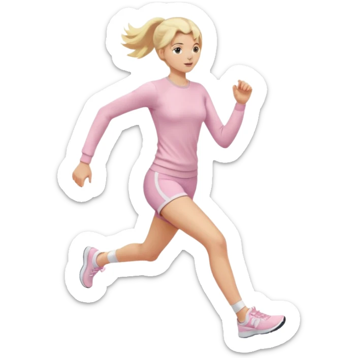 A girl in light pink tight-fitting sportswear, a long-sleeved fitted sweater and shorts is running, her hair is long, blonde, and straight, wearing white sneakers. sticker