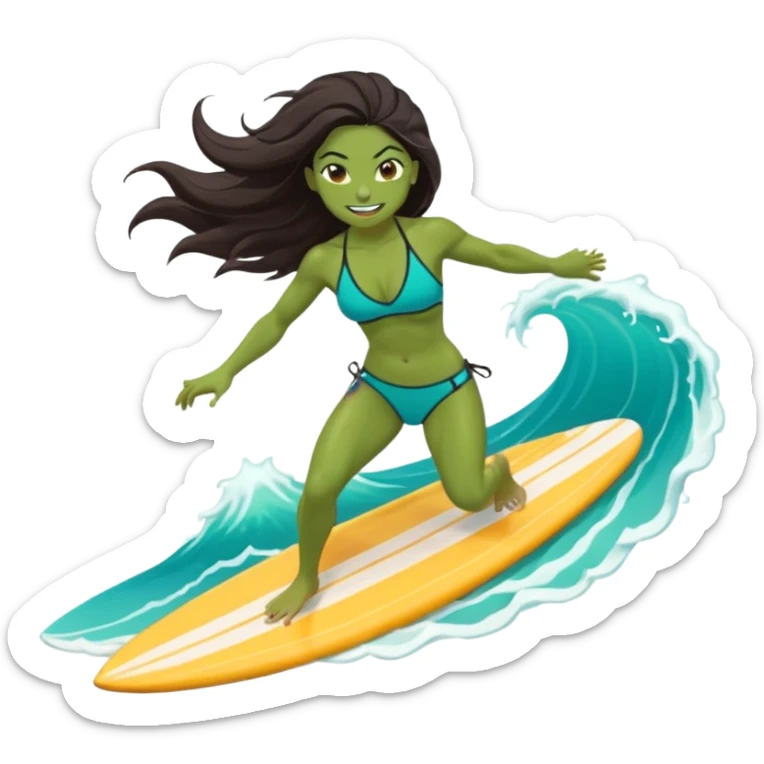 ork female surfer riding big turquoise wave, muscular green body, fierce tusked grin, sporty bikini top and board shorts, long windswept dark hair, focused eyes, surfboard under feet, minimal ocean and sky background, centered emoji, vibrant summer colors, sticker style sticker