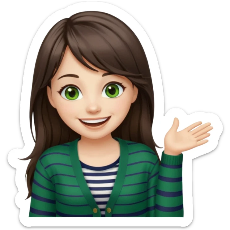 Gorgeous brunette girl green eyes, striped cardigan, with swoop bangs and long hair having fun, laughing sticker