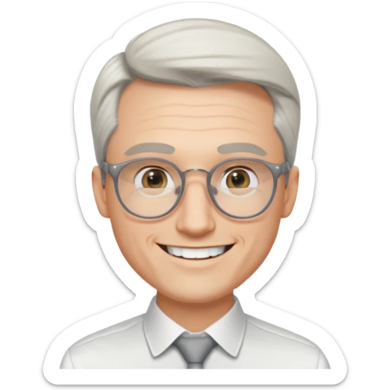 30 yr old pale white man, white/grey side swept stylish hair, round glasses, big smile, white teeth, handsome, longer hair, thin glasses, white dress shirt, smooth forehead, botox sticker