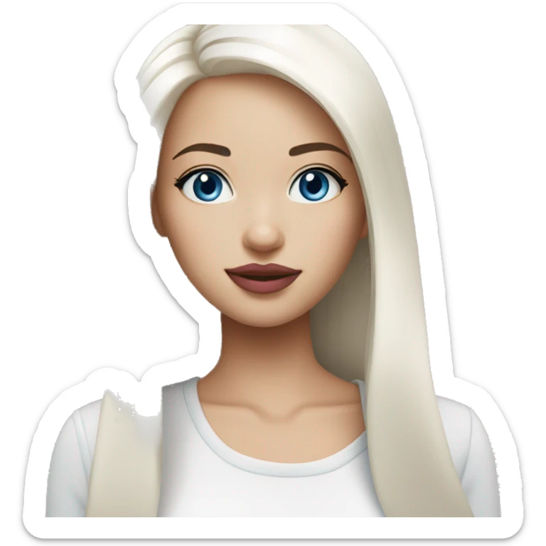 Girl medium length white straight hair, blue eyes, pink lips sticker