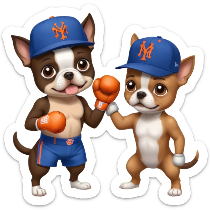 Brown Boston terrier wearing a New York Mets hat boxing a yorkie with a New York Yankees hat sticker