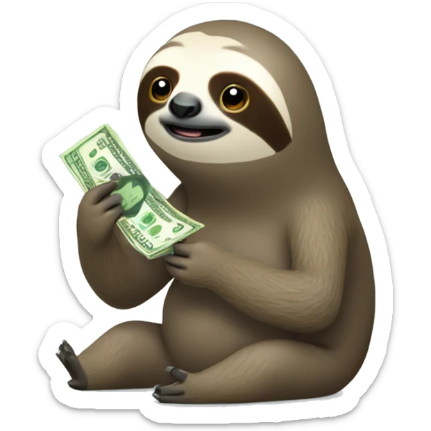 sloth looking lazily at phone and with money flying out of pocket sticker