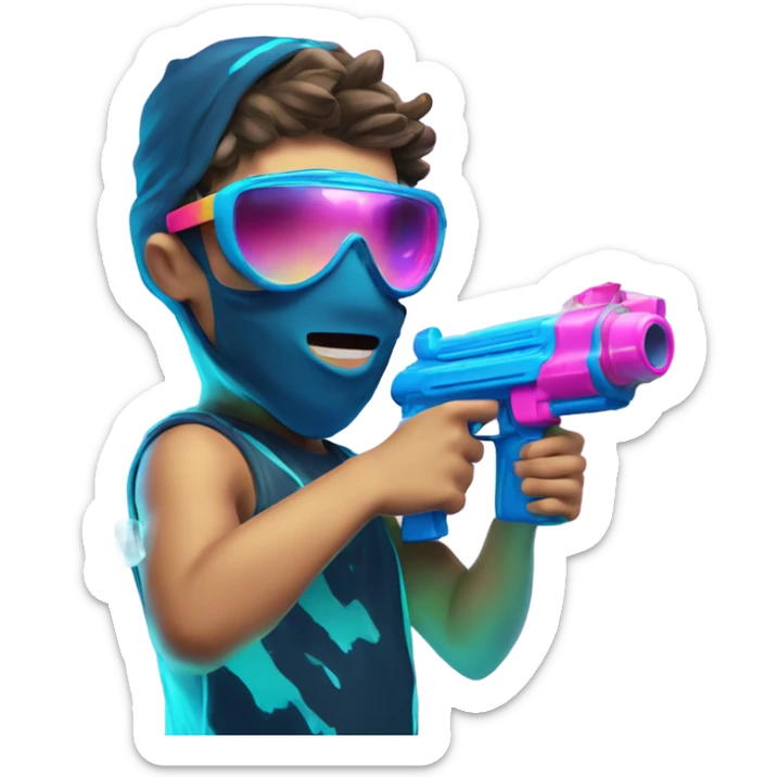 Caucasian boy in glowing rave outfit with mask, sunglasses, and headgear, shooting bubbles out of a water gun sticker