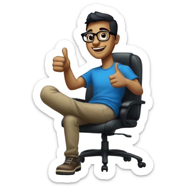 A cheerful young man with short black hair and stylish glasses, smiling broadly while giving a thumbs up. He is wearing a blue t-shirt, seated in a modern office chair against a softly lit, neutral background.  sticker