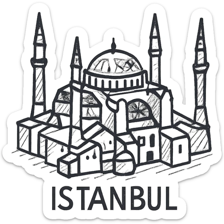 Isometric illustration of Istanbul, featuring real photorealistic Hagia Sophia with ts large central dome and four tall minarets, with real transparent background sticker