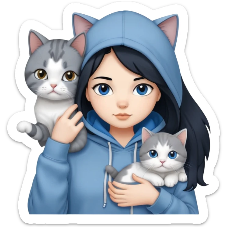 Girl with black hair in gray hoodie with a British shorthair blue and white cat and a long-haired blue and white cat sticker