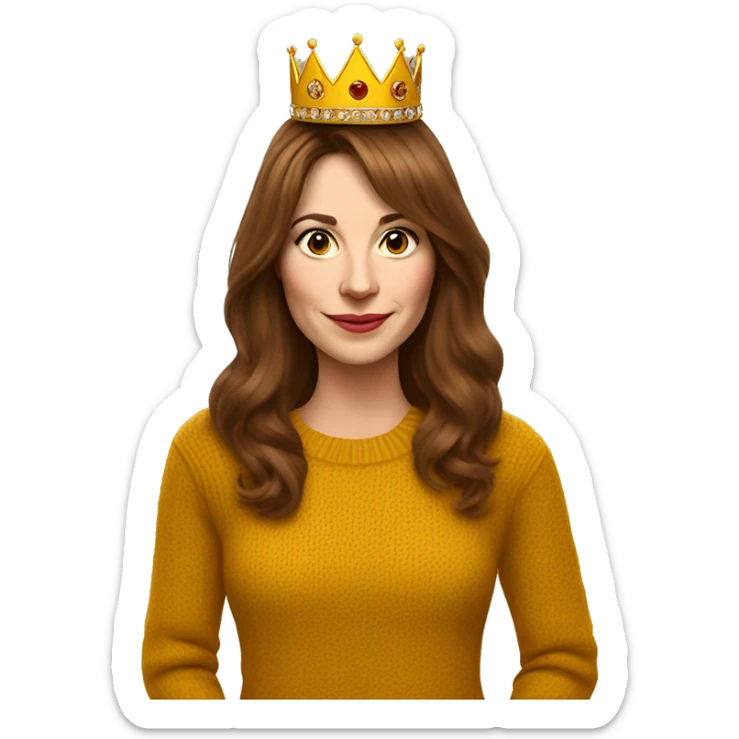 White English woman with long brown hair and face framing layered bangs dressed in a mustard yellow sweater with birthday crown and negroni in hand sticker