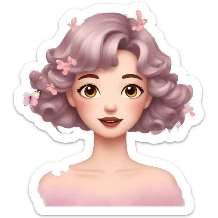 Gorgeous pastel lady with blushing face and butterflies aesthetic trending style sticker