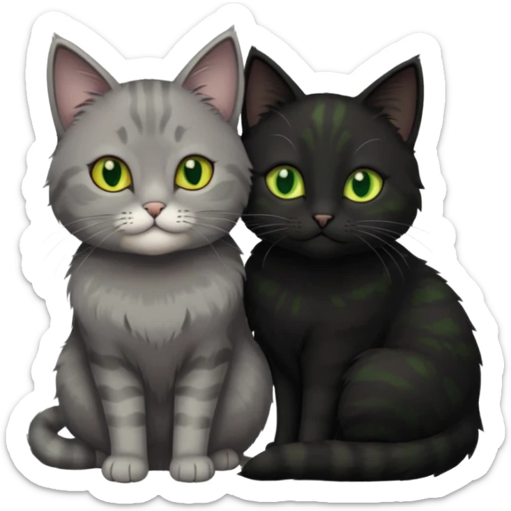 1 grey cat with green eyes and 1 black with yellow/green eyes cat cuddling sticker
