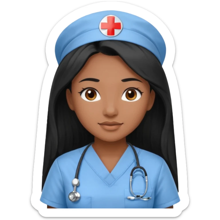 pretty brown skin nurse with long black hair and brown eyes in light blue scrubs sticker