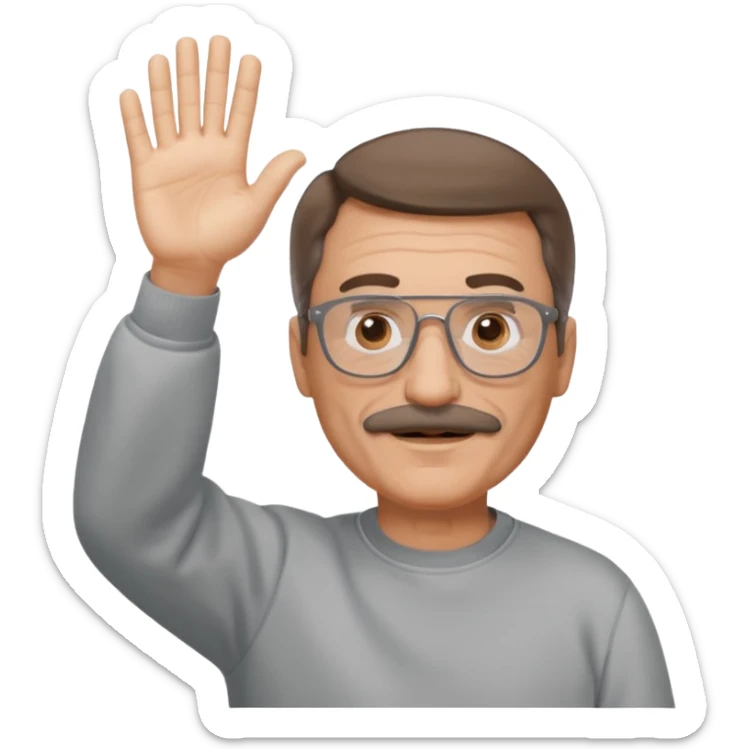 60 yr man partial brown hair parted in center, mustache, light glasses, sweatshirt waving hello sticker