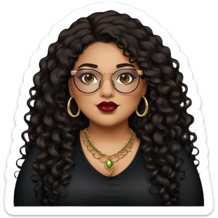 teen big plus size, latina, darker tan skin, gold jewelry, long black curly hair, baddie,pretty, makeup, dark red lipgloss, black eyeliner, long hair, black top, black glasses sticker