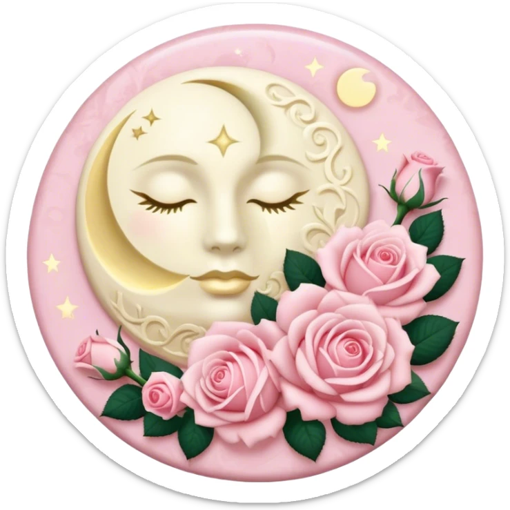 A round cream button with a full damask style moon and light pink roses in the center sticker