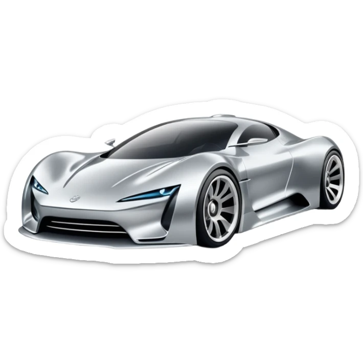 A low-profile futuristic car emoji made of polished silver chrome, wide body stance, smooth aerodynamic shape, glossy metallic surface, soft reflections, luxury swag aesthetic, minimal details, iOS emoji style, centered on clean white background, studio lighting sticker