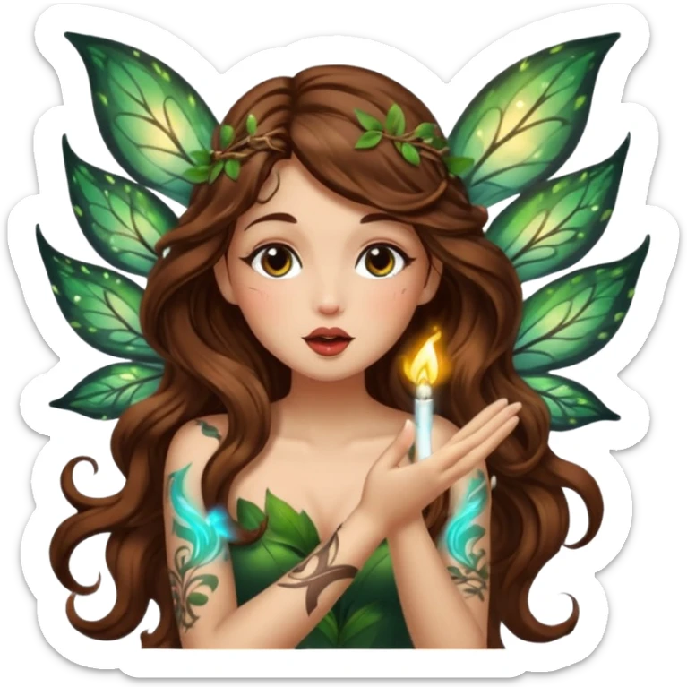forest fairy woman long wavy brown hair tattoos blowing glowing kiss sticker