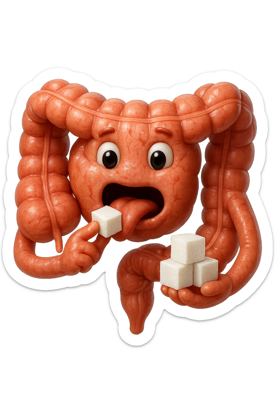 emoji stile iphone di un intestino anatomico che mangia zollette di zucchero, iperrealistico 4k, isolato su sfondo bianco sticker