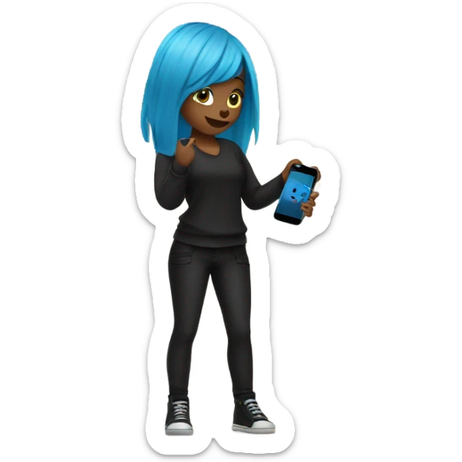 girl with blue hair in black clothes holding a phone sticker