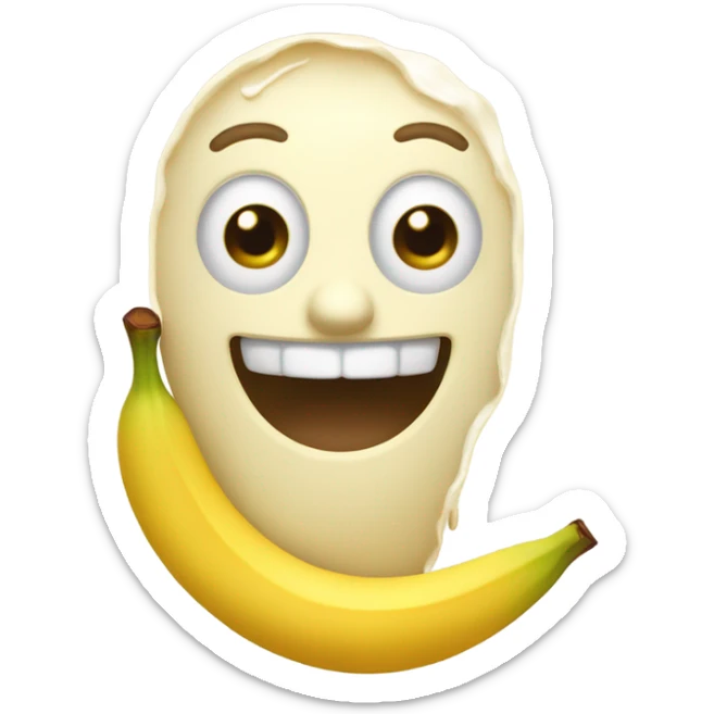 Create an emoji of a yellow face eating a banana that has been dipped in creamy coconut milk. The man is drooling. sticker