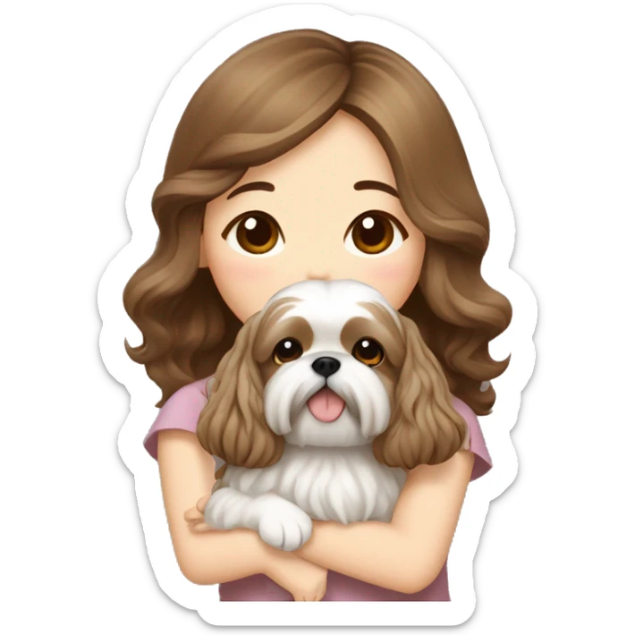 long brown wavy hair korean girl hugging cream colored shih tzu sticker