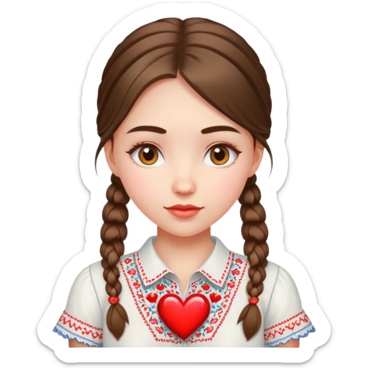 beautiful young girl wearing a white Ukrainian embroidered shirt with a big heart sticker