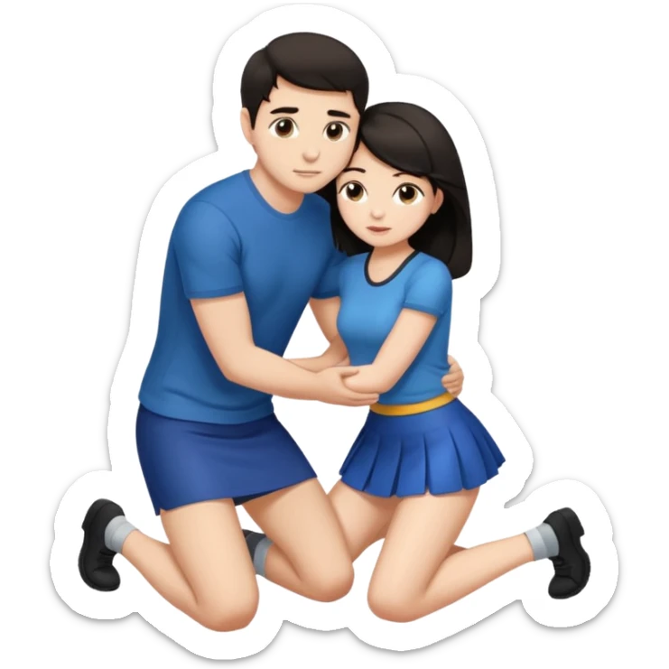 man with dark hair on knees, facing dark haired woman in a micro mini skirt, hugging her waist sticker