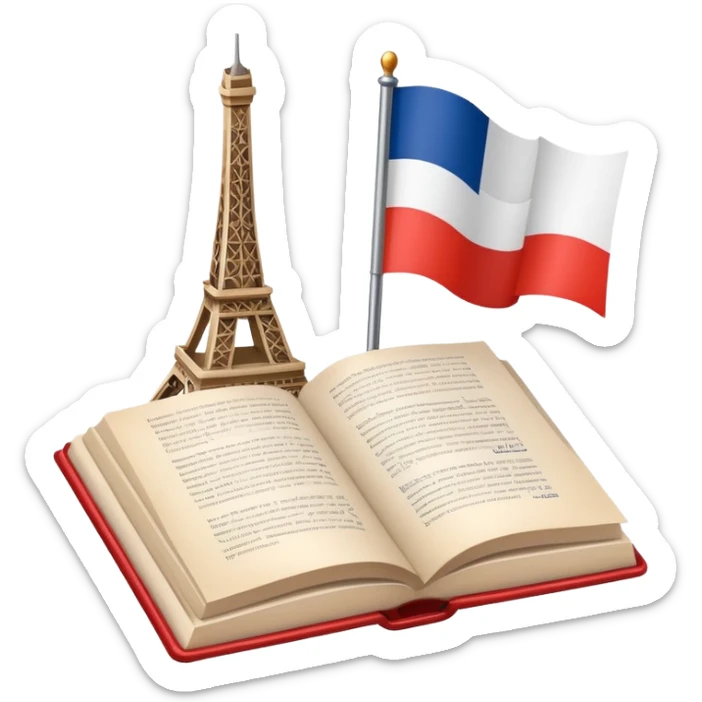 An icon featuring the flag of France, symbolizing the French language. The design includes an open book and the Eiffel Tower behind, representing language learning and cultural elegance. Transparent background highlights the beauty of French heritage. sticker