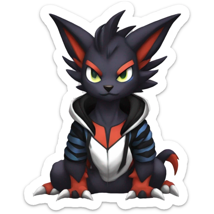 Cool Anthro Black Noivern-Absol-Litten-Pokémon with edgy stripes hoodie spiked collar punk Full Body sticker