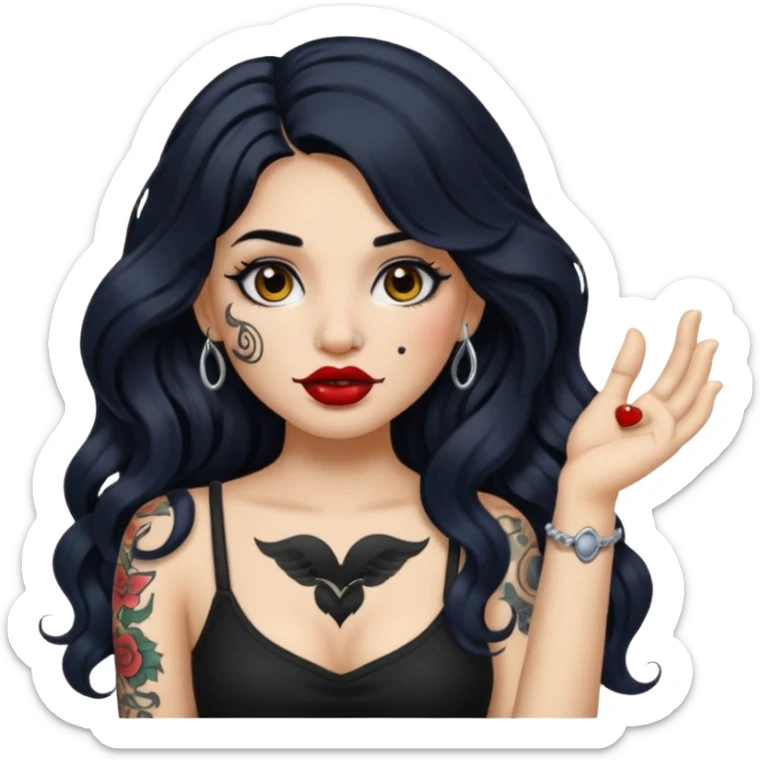 I want to create a female emoji with long black wavy hair and arm tattoo with her nose pierced and black lip stick sticker