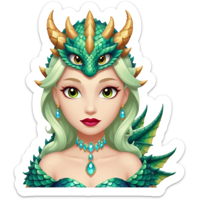 Am amazing blend of a half dragon woman with glittering jeweled scales covering her body. She has large almond shaped eyes, lush lips, and she wears a stunning luminescent gown. sticker