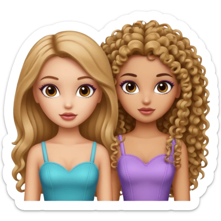 2 pretty bratz fair girls. One has straight hair and is tan. One is fair with curly hair sticker